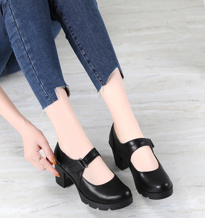 DADAWEN Women's Leather Classic Mid Heel Mary Jane Square Toe Oxfords Platform Dress Pumps Shoes Black US Size 8 - Image 3